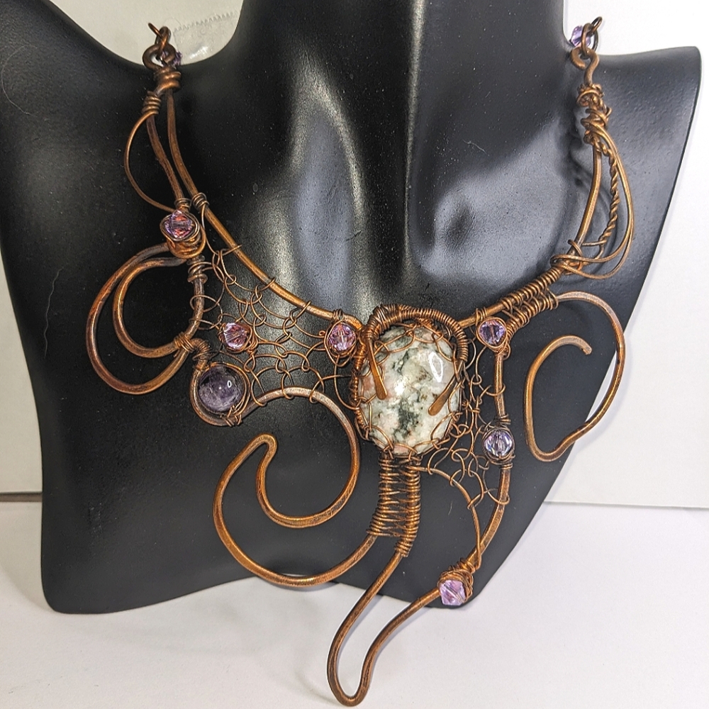 Handmade Copper Wire Wrapped Quartz & Amethyst Statement Necklace‎